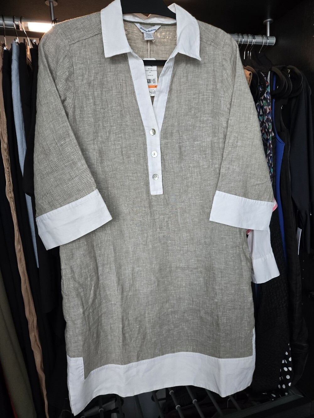 Tommy Bahama Linen Dress in Taupe with White Trim